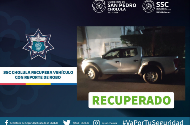 Policía de San Pedro Cholula recupera camioneta robada