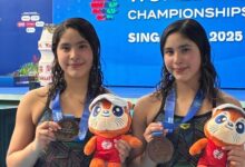 Clavadistas Lía y Mía Cueva debutan con bronce en Mundial de Deportes Acuáticos Singapur 2025