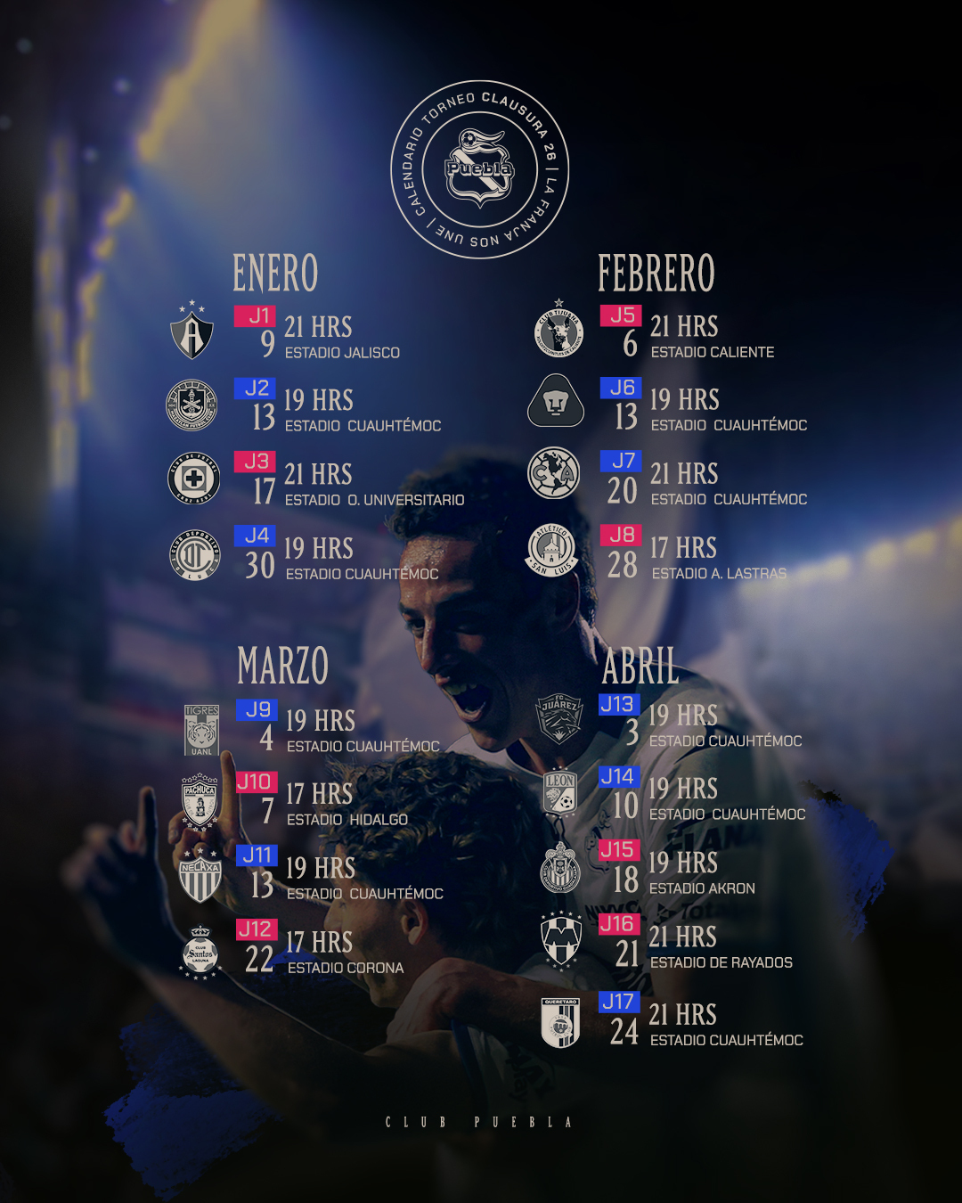 Listo, el calendario del Club Puebla para el Clausura 2026