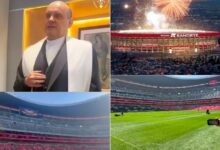 Obispo Francisco Javier Acero bendice el campo del Estadio Banorte previo a su reinauguración.