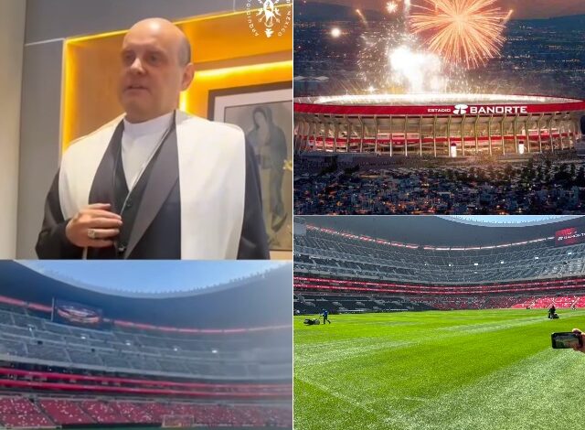 Obispo Francisco Javier Acero bendice el campo del Estadio Banorte previo a su reinauguración.