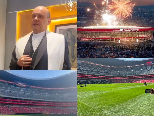Obispo Francisco Javier Acero bendice el campo del Estadio Banorte previo a su reinauguración.