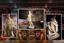El David en Puebla: “Réplica monumental de El David de Miguel Ángel exhibida en el Nodo Cultural Centro de Puebla.