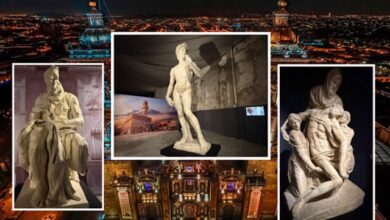 El David en Puebla: “Réplica monumental de El David de Miguel Ángel exhibida en el Nodo Cultural Centro de Puebla.