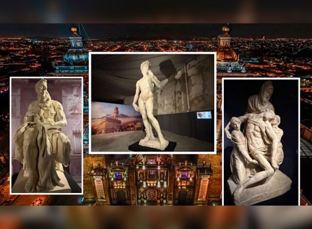 El David en Puebla: “Réplica monumental de El David de Miguel Ángel exhibida en el Nodo Cultural Centro de Puebla.