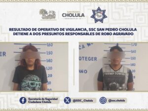 Dos personas fueron detenidas por elementos de la Secretaría de Seguridad Ciudadana (SSC) de San Pedro Cholula,