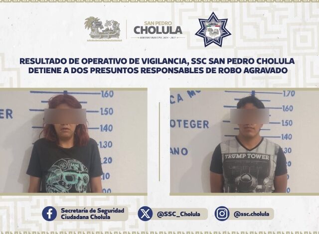 Dos personas fueron detenidas por elementos de la Secretaría de Seguridad Ciudadana (SSC) de San Pedro Cholula,
