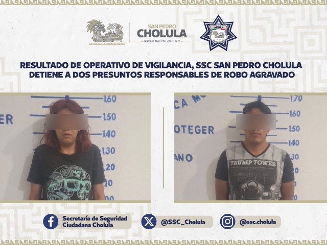 Dos personas fueron detenidas por elementos de la Secretaría de Seguridad Ciudadana (SSC) de San Pedro Cholula,