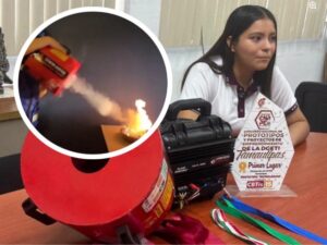 Ángela Karime Venegas Hernández, estudiante de 16 años del CETIS 78 en Altamira, Tamaulipas, diseñó un innovador extintor acústico capaz de apagar el fuego utilizando únicamente ondas sonoras de baja frecuencia.