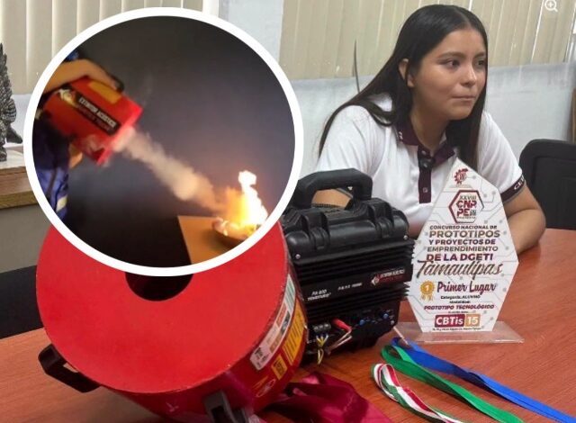 Ángela Karime Venegas Hernández, estudiante de 16 años del CETIS 78 en Altamira, Tamaulipas, diseñó un innovador extintor acústico capaz de apagar el fuego utilizando únicamente ondas sonoras de baja frecuencia.