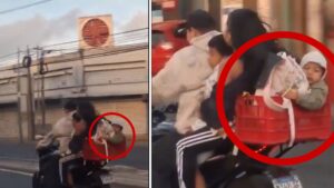 Familia viaja en moto y transporta a su bebé en caja de plástico Conoce las multas por hacer algo así