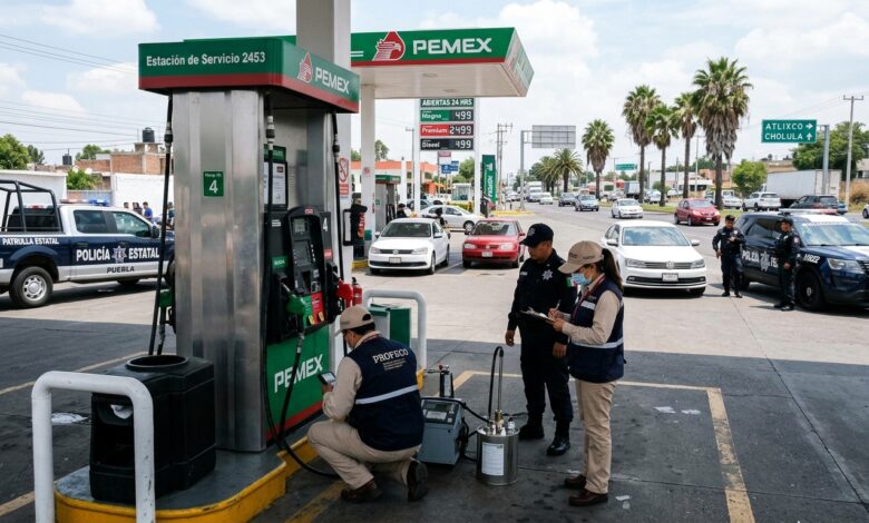 Operativo sorpresa a gasolineras en carreteras a Atlixco y Cholula para verifricar litros completos